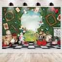 Wonderland Tea Party Photo Backdrop 7Wx5H Photography Key Hold Checkerboard Green Grass Fence Decorations Background for Newborn Baby Shower Fairy Castle Tale Tapestry Banner Props Supplies