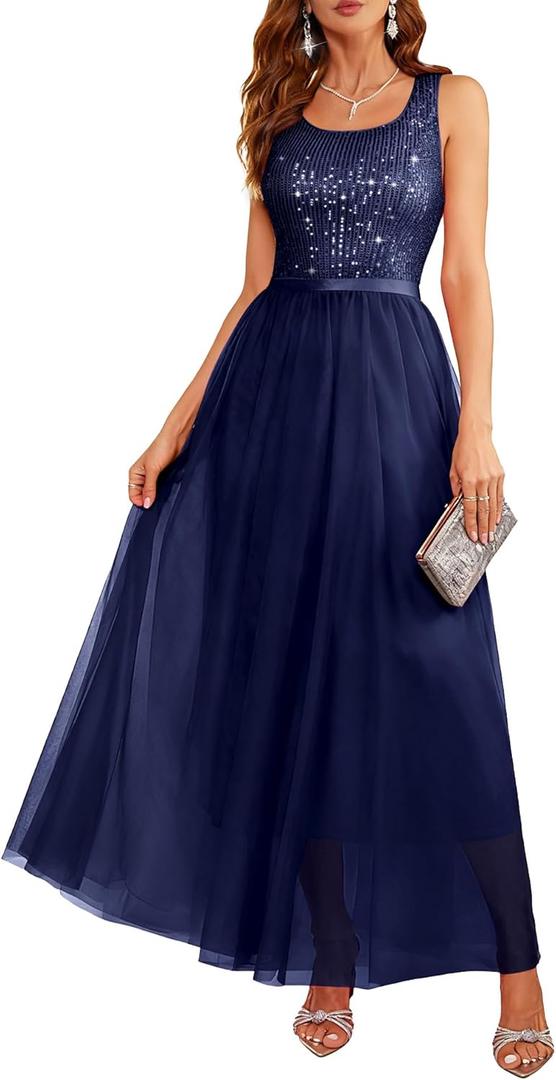 BeryLove Prom Dresses for Teens Sleeveless Sequin Evening Dress Boat Neck Cocktail Wedding Maxi Formal Dress Navy M