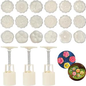 21 Pieces Bath Bomb Press Mold Kit, MaehSab 3 Pcs Round Shower Steamer Molds with 18 Flower Pattern Stamps DIY Tools, Moon Cake Making Mold for Mid-Autumn Festival, Dessert Baking