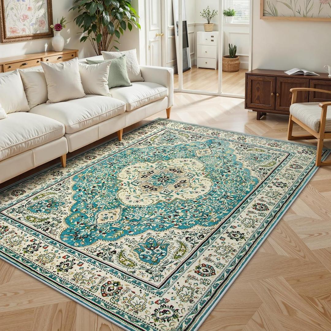 Lahome Floral Medallion Area Rug - 5x7 Large Distressed Living Room Rug, Soft Non-Slip Washable Low-Pile Bedroom Mat Floor Accent Carpet for Entryway Dining Room Office, Sky/Baby Blue