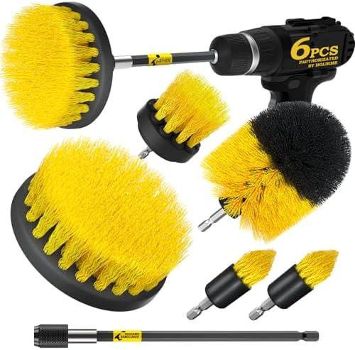 Holikme 5Pack Drill Brush Power Scrubber Cleaning Brush Extended Long Attachment Set All Purpose Drill Scrub Brushes Kit for Grout, Floor, Tub, Shower, Tile, Bathroom and Kitchen Surface，Yellow