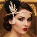 Gortin 1920's Flapper Feather Headband Art Deco Great Gatsby Headpiece Inspired Leaf Medallion Pearl Headband Bride Wedding Headdress Rhinestones Flapper Feather Hair Accessory for Women and Girls (Black Gold)