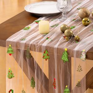 Socomi 3pcs Christmas Table Runner Tulle Gauze Cheesecloth Embroidery Sheer Table Runners for Winter Wedding Party Baby Shower Birthday Holiday Picnic Home Decor (10ft x 3pcs, Xmas Tree)