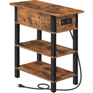 HOOBRO End Table with Charging Station, Flip Top Side Table with USB Ports, Narrow Nightstand Bedside Tables with Storage Shelves, for Small Space, Living Room, Rustic Brown and Black BF141UBZ01