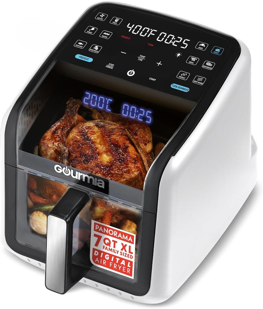 Gourmia Air Fryer 7 QT - Easy View Panorama Window & Interior Light, Guided Cooking with 12 One-Touch Presets, FryForce 360, Dishwasher Safe Accessories, White