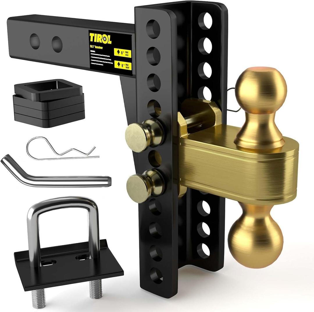 TIROL Adjustable Trailer Hitch - Fits 2'' Receiver, 8 Inch Drop/Rise Drop Hitch, 2'' & 2-5/16'' Ball Hitches, Dual Balls 25000 LBS Capacity - Tow Hitch for Heavy Duty Truck with Hitch Tight