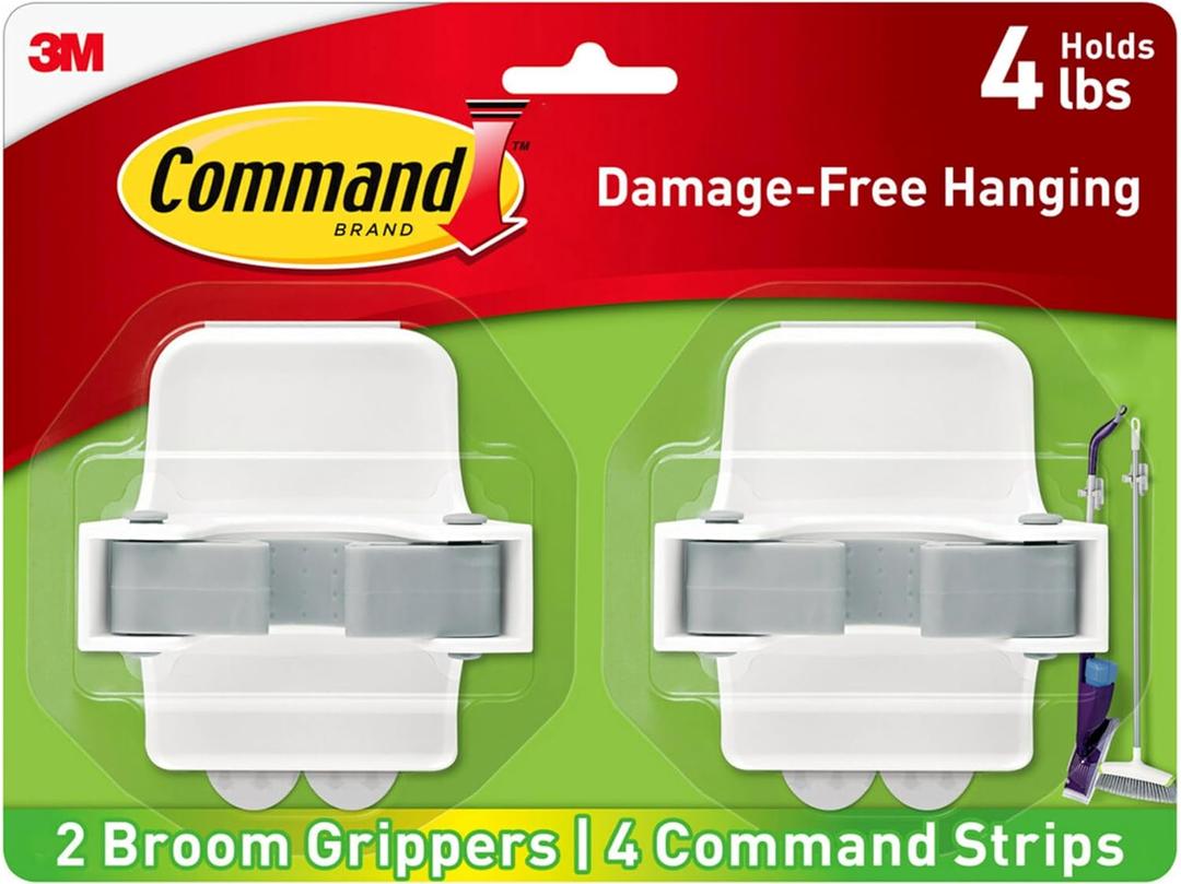 Command Broom Grippers, 2 Hangers and 4 Strips, Damage-Free Mop and Broom Holder Wall Mount, Household Cleaning Tool Organizer for Kitchen, Laundry Room, Closet, Holds up to 4 lb (White)