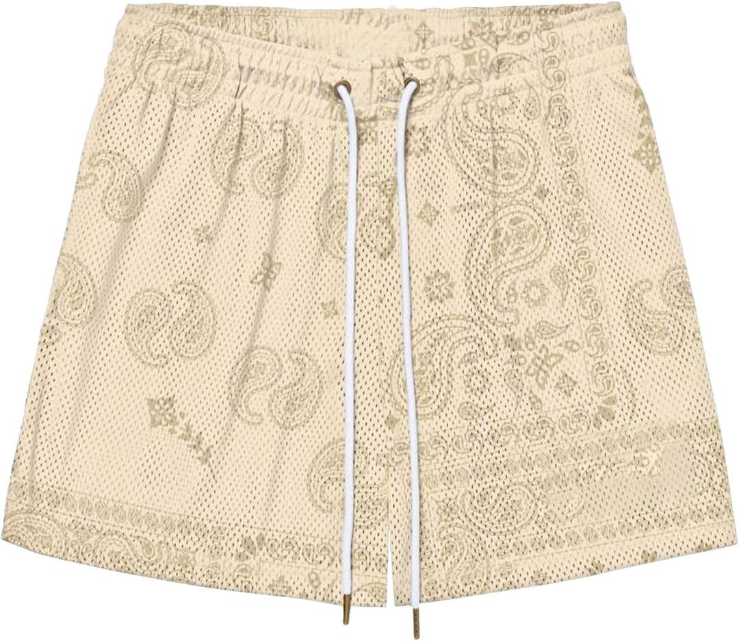 BOOMLEMON Mens Paisley Shorts Mesh Graphic Print Retro Casual Shorts Athletic Gym Basketball Running Short Pants (Beige)