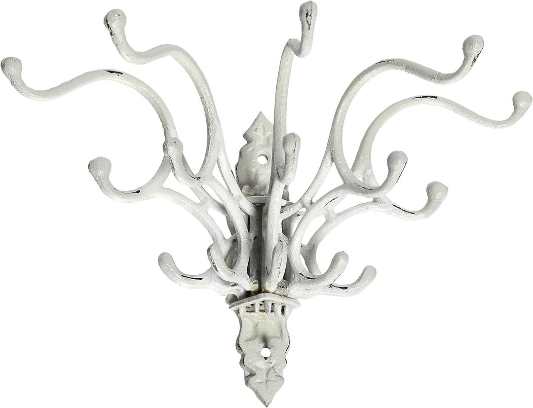 Creative Co-Op Antique Decorative Cast Iron Multi Hook Wall Hanger with 15 Hooks, Distressed White
