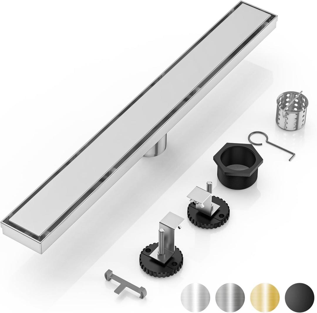 Linear Shower Drain - 24 Inch Brushed Nickel, with Tile Insert Panel | AISI 304 Stainless Steel Linear Drain, Rectangle Shower Floor Drain, with Adjustable Feet, Fits Bathroom & Balcony etc