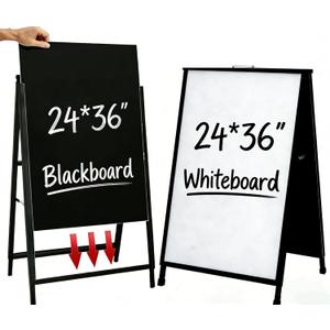Folding A Frame Sign Sidewalk Sign 24x 36 Inch Sandwich Board Heavy Duty Pavement Double-Sided Sign With Drawable Whiteboard and Blackboard (24x36" With Whiteboard and Blackboard)