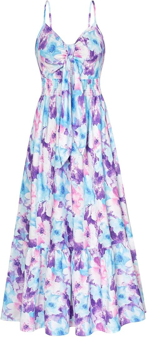 GRACE KARIN Womens Summer Floral Maxi Dresses 2026 Long Flowy Boho Dress Beach Vacation Sundresses Casual Clothes with Pocket (Blue, L)