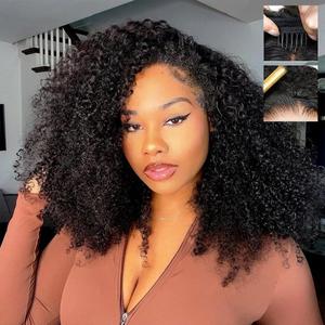 16 Inch Kinky Curly Half Wig Human Hair 200% Density Glueless 3 IN 1 Design with Drawstring & Seamless Clip Ins, Flip Over No Glue No Lace Protective Hairstyle for Black Women