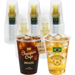 18 oz Champion Cup Salute To Brazil, 5-Time World Soccer Champion, 120-Count Disposable Plastic Party Cups, Flag Themed for Restaurant Catering Concession Fan Event Decorations, VAI BRASIL