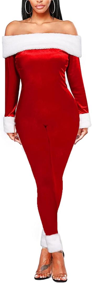Women Christmas Velvet Costumes Sexy Mrs Santa Claus Jumpsuit Off Shoulder Long Sleeves Bodycon Romper (Medium)