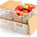 Geelin 4 Pcs Metal Wire Basket with Wooden Handles and Bamboo Lids 12.2 x 8.27 x 5.51" Mesh Steel Basket Stackable Storage Bins Organizer Containers for Vegetables Fruit Home Cabinet Pantry(White)