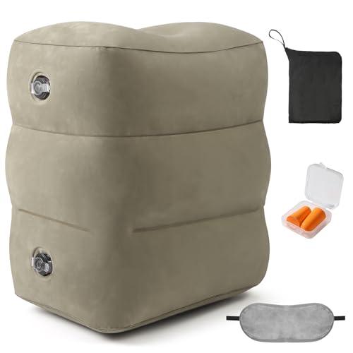 Inflatable Foot Rest Pillow for Travel - Adjustable Height Flight Foot Rest with Eye Mask and Earplugs for Kids & Adults on Airplane, Car, Train, Office, and Home (Gray, 1 PCS), Pack 2