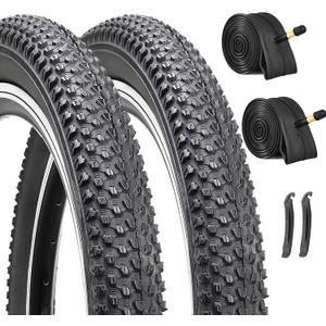 Hycline 2-Pack Mountain Bike Tires Set: 20/24/26/27.5-inch Folding Replacement Puncture-Resistant Bicycle Tires and Pair 20/24/26/27.5-inch Inner Tubes with Tire Levers for MTB Off-Road Bike