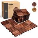Set 10 Premium Deck Tiles, Interlocking Deck Tile, Wooden Patio Flooring Outdoor Waterproof, Acacia Wood Decking All Weather for Balcony Indoor and Outdoor Use (Dark Brown, Round Joints) (10 Pcs - 10 Square Ft)