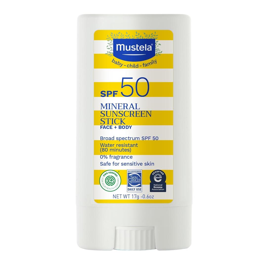 Mustela Baby Mineral Sunscreen Stick SPF 50 Broad Spectrum - Face & Body Sun Stick with 70% Organic Ingredients - Ultra Sheer, Water Resistant & Fragrance-Free - 0.6 oz.