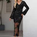 Caracilia Womens Fall Bodycon Bell Long Sleeve Midi Wedding Guest Dress (Black, XL)
