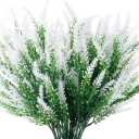 8 Bundles Artificial Lavender Flowers Outdoor UV Resistant Fake Flowers No Fade Faux Plastic Plants Garden Porch Window Box Decorating (Classic White)