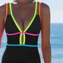popvil Women One Piece Swimsuit 2026 Tummy Control Sexy Cutout Neon Color Block Bathing Suit Slimming Adjustable Swimwear (Black, L)