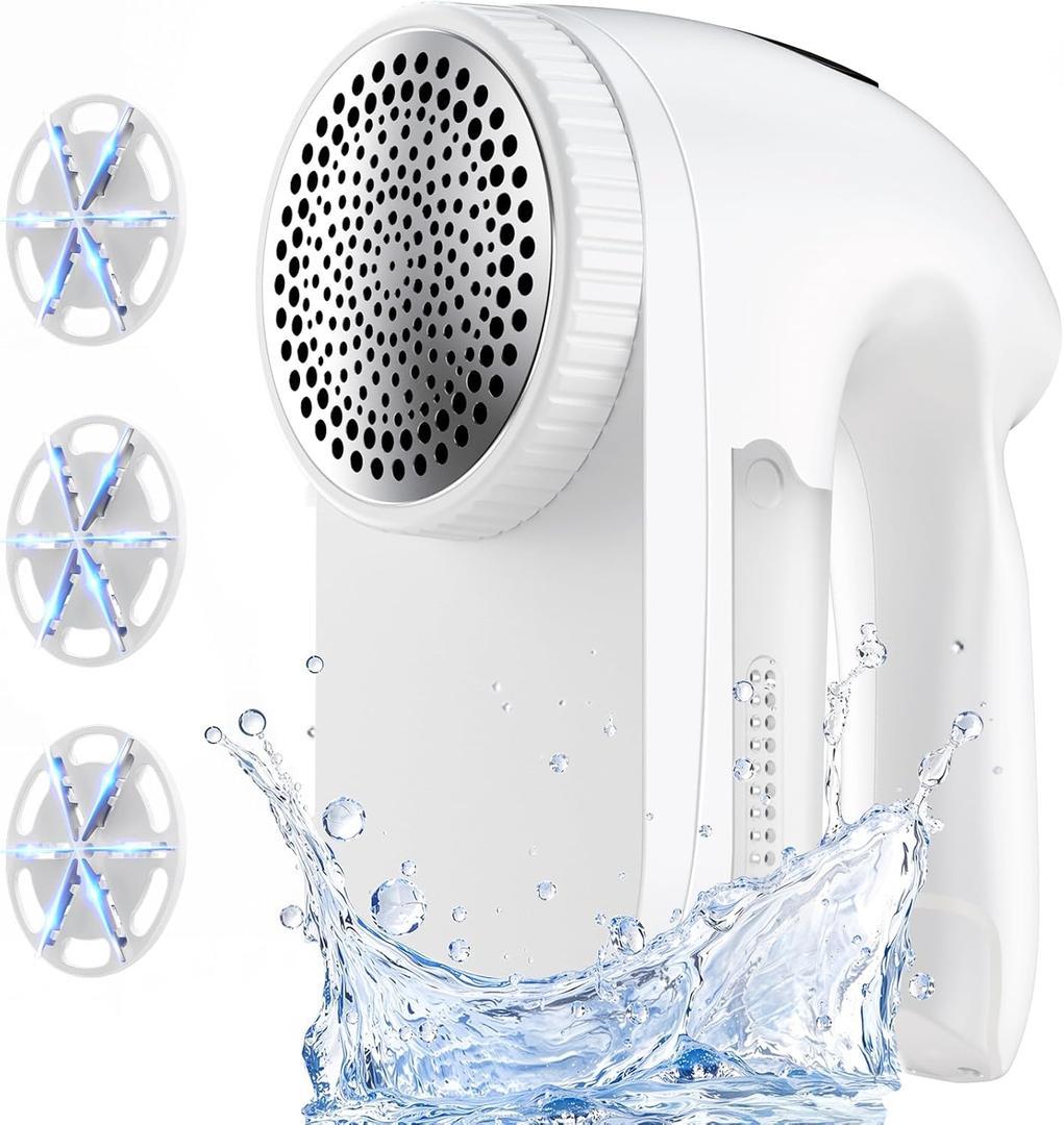 PKBD IPX6 Waterproof Washable Electric Fabric Shaver and Lint Remover, Rechargeable Sweater Defuzzer with 3 Free Extra Blades, Quickly and Effectively Remove Fluff, Fuzz, Bobbles for Clothes, White