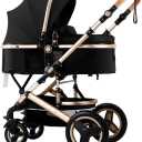 2 in 1 Convertible Baby Stroller with Bassinet Mode Foldable Infant Stroller Newborn Stroller with Reversible Seat Travel Pram Baby Carriage with Big Rubber Wheels (Black)