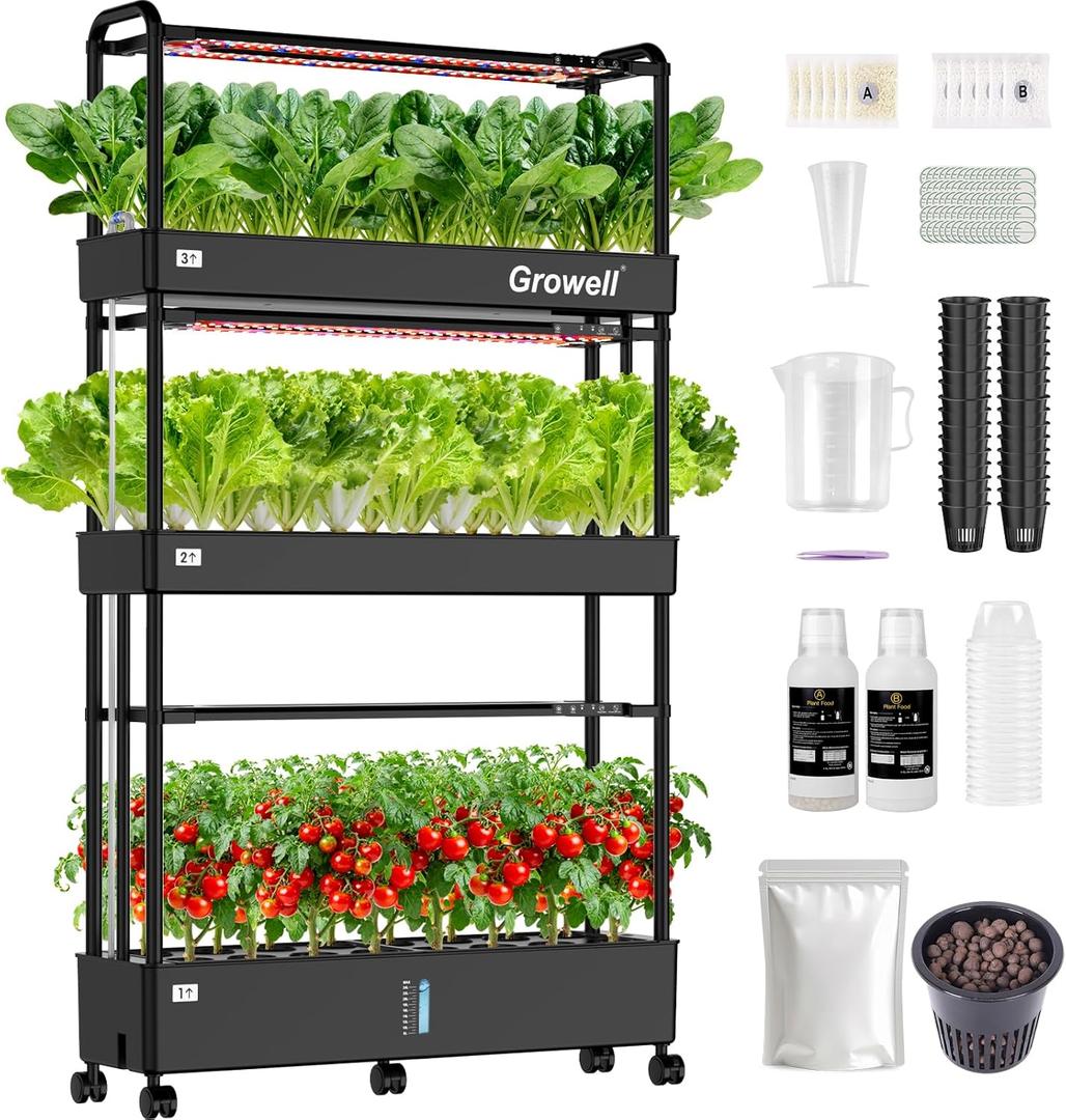 Growell Large Basket Hydroponics Growing System Kit, 48 Pods Vertical Hydroponic Garden with 2 Grow Light Modes, Auto Circulating Water System, 40L Indoor Gardening System for Herb Vegetable Fruit (Black)