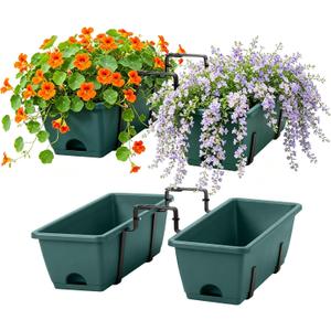 Deck Railing Planter Box Set of 2, Fence Hanging Balcony Window Boxes Planters with Adjustable Plant Hanger Bracket, 17" Railing Flower Boxes Outdoor for Porch Rail Patio Garden Dcor, Green