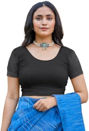 Women's Stretchy Cotton Lycra Readymade Short Sleeves Saree Blouse Large, Black