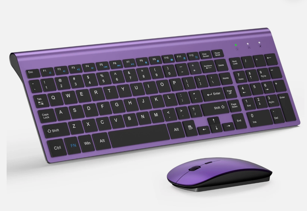 Wireless Keyboard and Mouse Ultra Slim Combo, TopMate 2.4G Silent Compact USB 2400DPI Mouse and Scissor Switch Keyboard Set with Cover, Batteries Included, for PC/Laptop/Windows/Mac  Purple Black