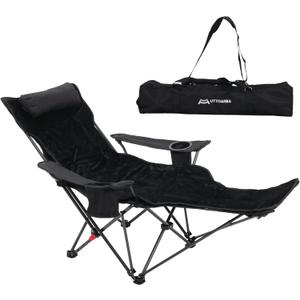 Portable Reclining Camping/Lounge Chair for Outdoor (1, Black) | Soft Cushion, 4-Position Backrest, Removable Footrest, Cup Holder & Versatile Carry Bag, 35.8"L x 8.7"H x 7.5"W