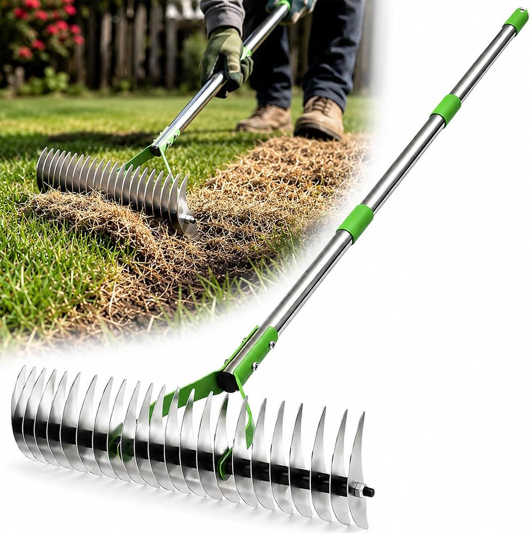 Heavy Duty Thatch Rake for Lawns - 13 Deep-Clean Dethatching Rake for Dead Grass & Moss Removal, Dual-Sided Manual Dethatcher and Scarifier Tool, 65" Long Metal Handle for Garden Yard Lawn Care