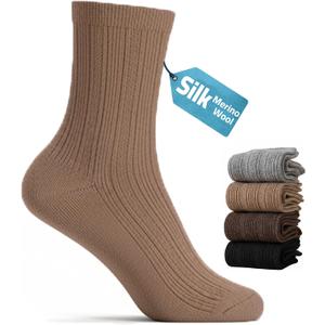 Merino Wool & Silk Blend Boot Socks Women Soft Crew Socks Comfort Breathable Daily Wear 4-Pack