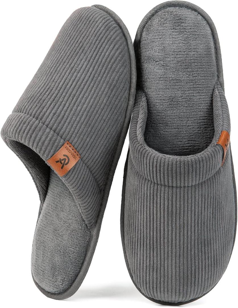 VeraCosy Men's Corduroy Scuff Slippers Soft Comfy Memory Foam Non-slip Indoor House Shoes (9-10)