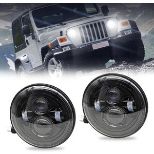 1 Pair 7 inch LED Headlights Round, H6024 High Low Sealed Beam, Compatible With Jeep Wrangler TJ JK CJ Hummer H1 H2, Black