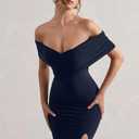 LAGSHIAN Women's Elegant Bodycon Off Shoulder Ruched Split Hem Long Formal Basic Evening Dress (Black, XL)