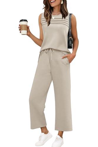 WIHOLL Two Piece Set for Women Summer Outfits Vacation Trendy Lounge Sets Round Neck Matching Sets Women Clothing Wide Leg Crop Pants Set Travel Airport Sweat Set Resort Wear Beige, Small