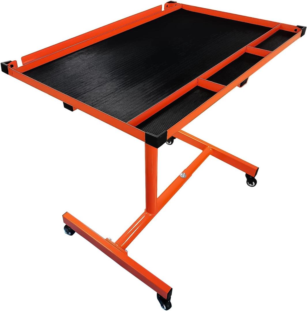 Eisen Mechanics Rolling Work Table, Adjustable Mobile Tray Table for Shop, Garage, DIY. Tool Tray Cable with Wheels. 220 lb. Capacity, Orange