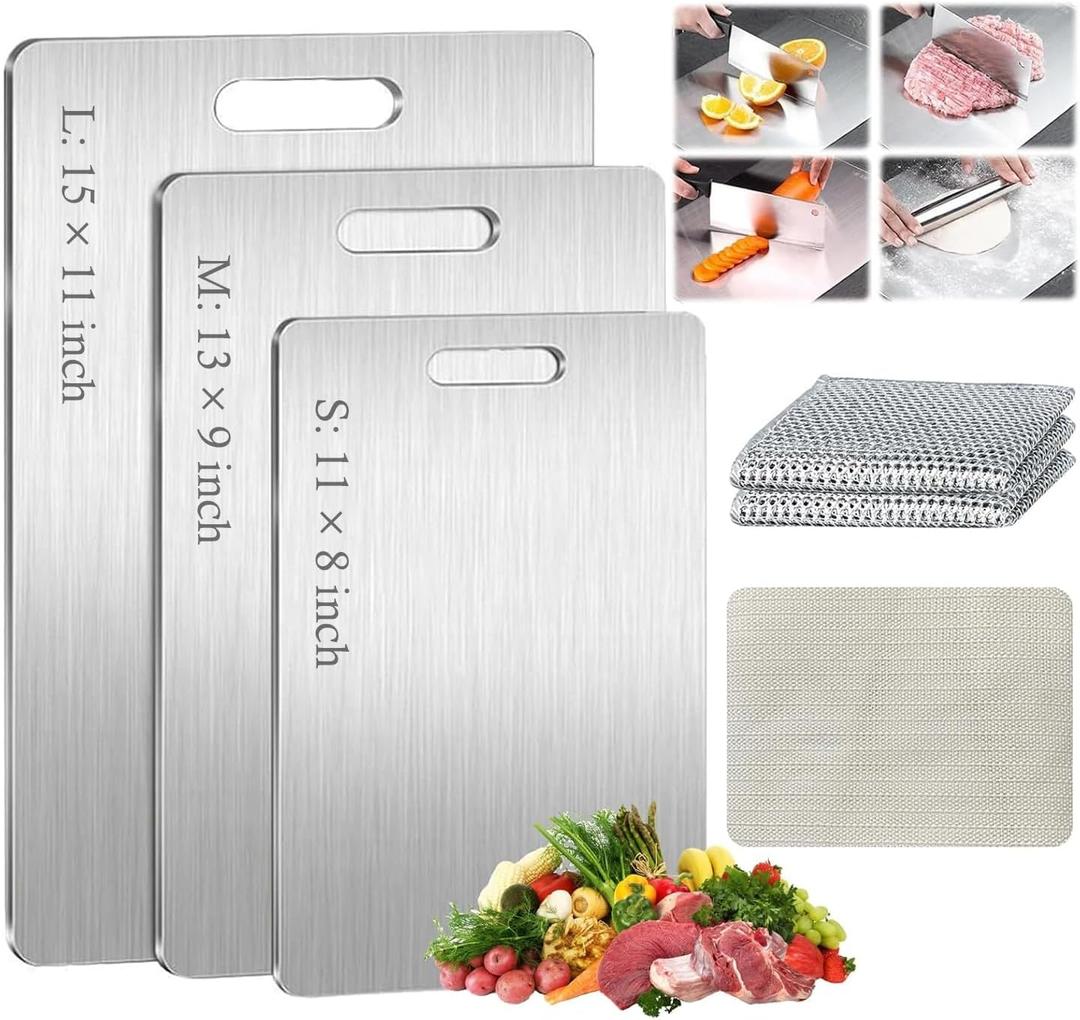 Titanium Cutting Board Set of 3, 100% Pure Titanium Cutting Boards for Kitchen, Double Sided & Food-Grade, Cutting Mat Sets for Meat Fruit & Vegetable