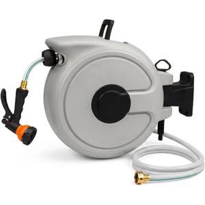 Fevone 100ft Retractable Garden Hose Reel - Heavy Duty Wall Mounted Water Hose with Any-Length Lock & Automatic Rewind, 180 Swivel Bracket, 7-Pattern Nozzle for Yard & Car Washing