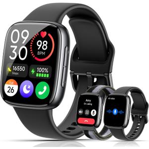 Smart Watches for Women Men, 1.85" HD AMOLED Display, 2 Bands Included, Works with iPhone & Android, 12-Day Battery, 3ATM Waterproof, Bluetooth Call, Health & Fitness Tracker, Black