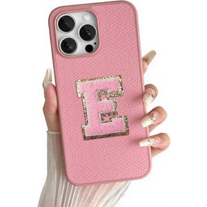 Skyseaco for iPhone 15 Pro Max Case Aesthetic Monogram Phone Case with Pink Leather Embroidered Letters Shockproof Protective Cover for Women Girls, Initial E
