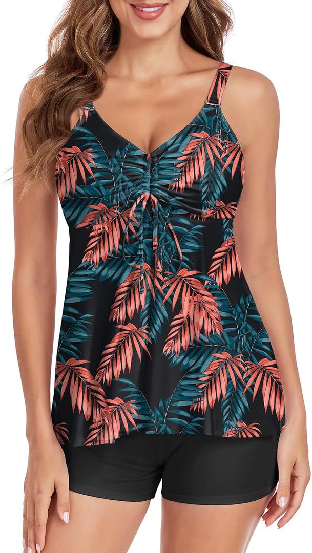 Tankini Swimsuits for Women Tummy Control Swimsuit Modest Tankini Top with Boyshort Bathing Suits Swimwear (X-Large, B Green Orange Leaf)