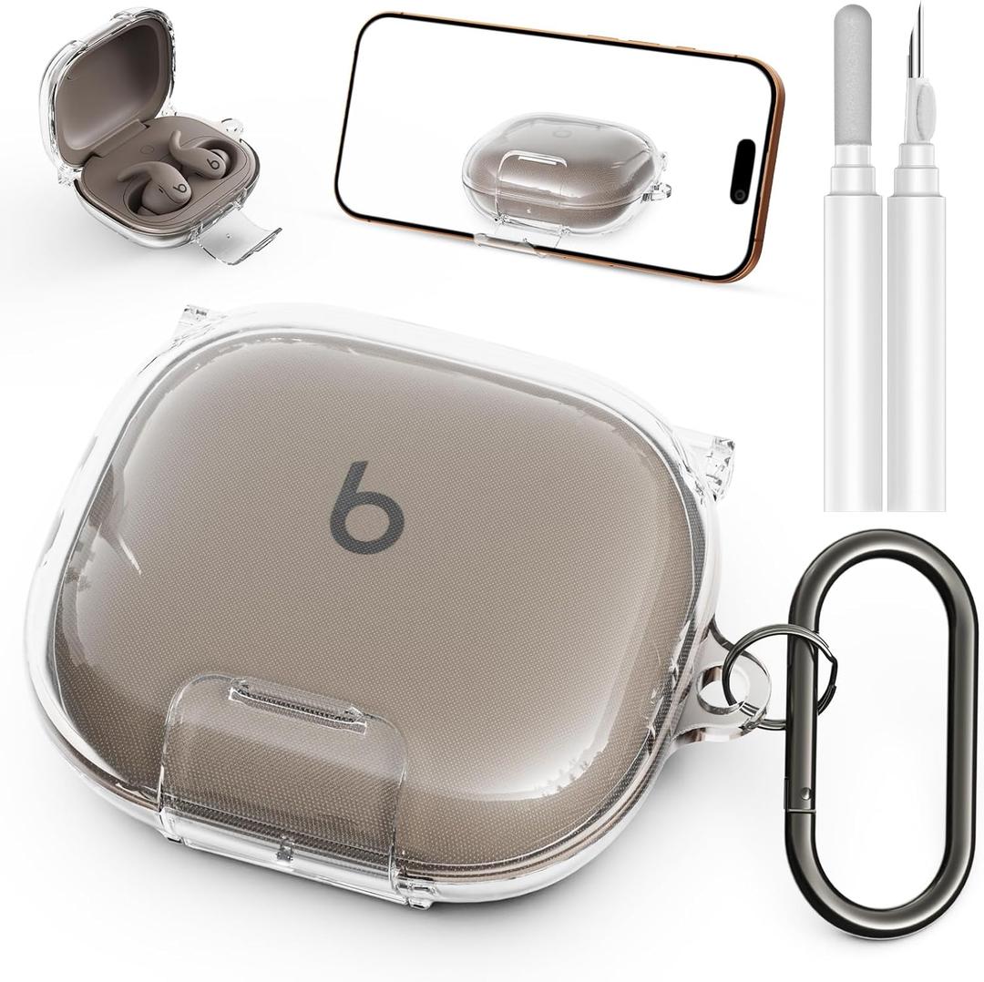 Geekboy Case for Beats Powerbeats Fit 2025, Clear TPU Protective Cover with Premium Metal Carabiner & Cleaning Kit, Shockproof Skin for Powerbeats Fit Case Cover (Clear)
