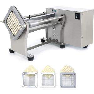 French Fry Potato Cutter Machine Electric Cutting Slicer Chipper Automatic Potato Cutter with 3 Sizes of Replaceable Blades Stainless Steel for Commercial Industrial Kitchen Restaurant Use