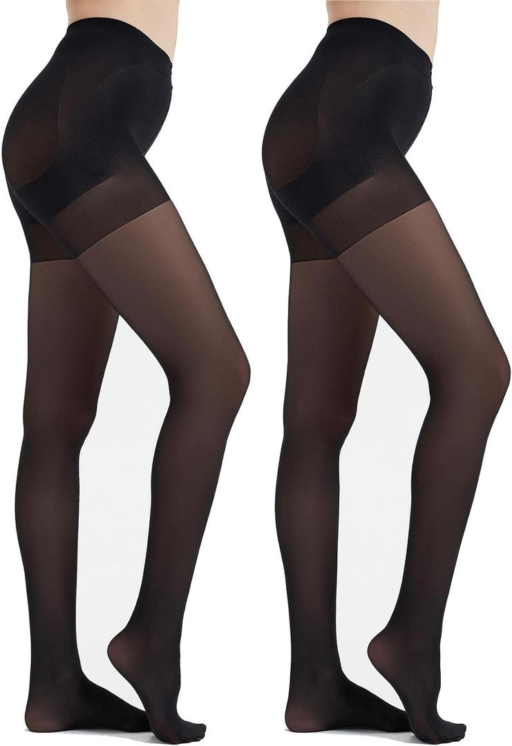 Citystl 2 Pairs Black Tights for women - 40D Control Top Pantyhose - Sculpt Silhouette, Flattening Tummy and Lifting Booty (Black)