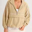 Fisoew Quarter Zip Pullover Women UPF 50+ Lightweight Windbreaker Jacket Running Hiking Outdoor Pullover with Pocket, Large, Khaki